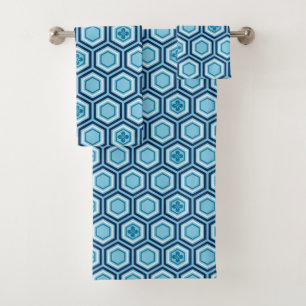 Hexagonal Kimono Print, Navy and Light Blue Bath Towel Set