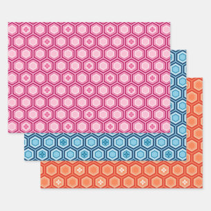 Hexagonal Kimono Print, Pink, Blue, Orange Wrapping Paper Sheet