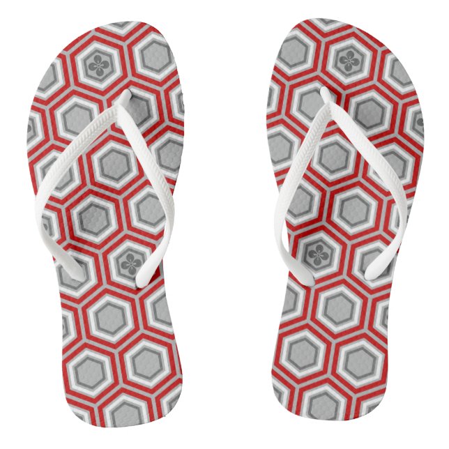 Hexagonal Kimono Print, Red and Grey / Grey Jandals (Footbed)