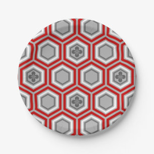 Hexagonal Kimono Print, Red and Grey / Grey Paper Plate