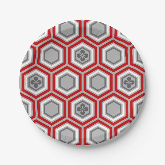 Hexagonal Kimono Print, Red and Grey / Grey Paper Plate (Front)