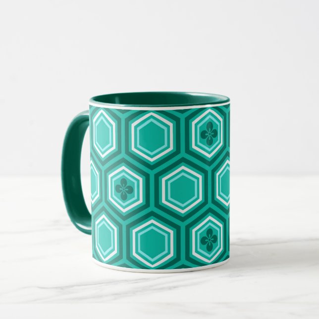 Hexagonal Kimono Print, Teal, Aqua and White Mug (Front Left)