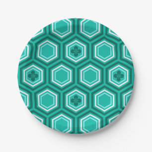 Hexagonal Kimono Print, Teal, Aqua and White Paper Plate