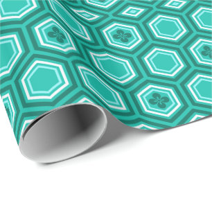 Hexagonal Kimono Print, Teal, Aqua and White Wrapping Paper