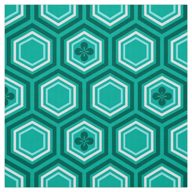 Hexagonal Kimono Print, Turquoise and White Fabric (Swatch)