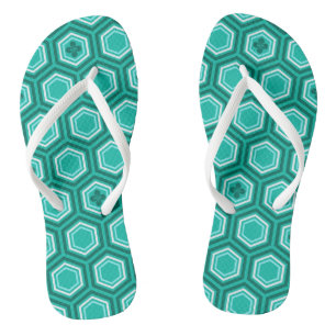 Hexagonal Kimono Print, Turquoise and White Jandals