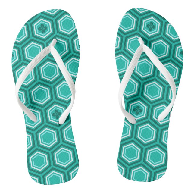 Hexagonal Kimono Print, Turquoise and White Jandals (Footbed)