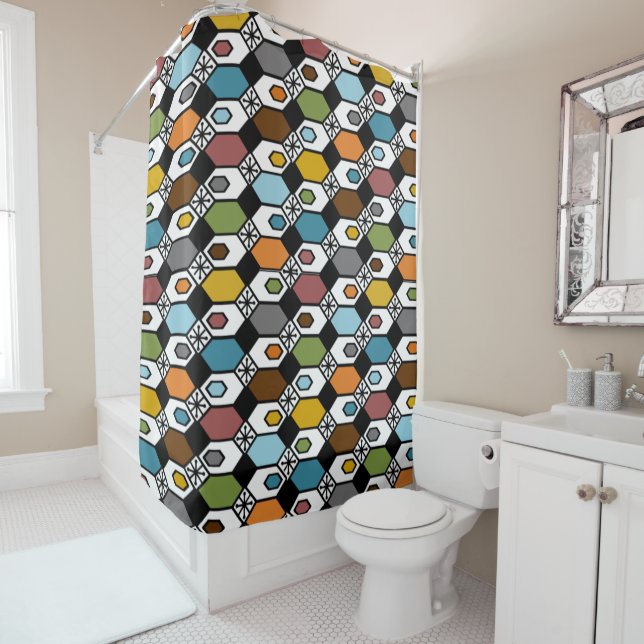 Hexagons and Starbursts Shower Curtain (In Situ)