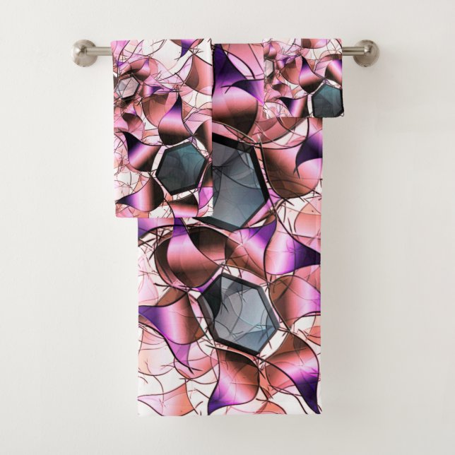 Hexagons surrounded by pinkish petal-like shapes bath towel set (Insitu)