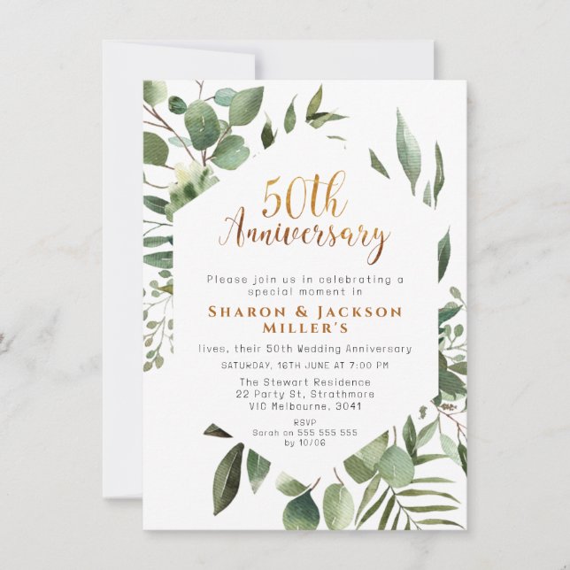 Hexigon Greenery 50th Wedding Anniversary Invitation (Front)