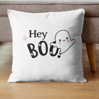Hey Boo Black and pink Funny Halloween Ghost Cushion