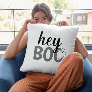 Hey Boo Black and White Funny Halloween Ghost Cushion