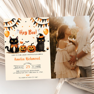 Hey Boo ! Black Cat Halloween Baby Shower Invitation