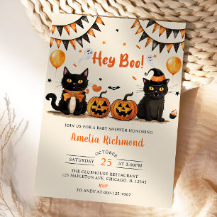 Hey Boo ! Black Cat Halloween Baby Shower Invitation