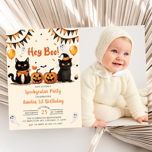 Hey Boo ! Black Cat Halloween Birthday Party Photo Invitation (Creator Uploaded)