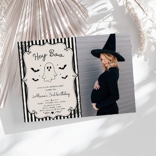 Hey Boo Black Gingham Ghost Halloween Baby Shower Invitation