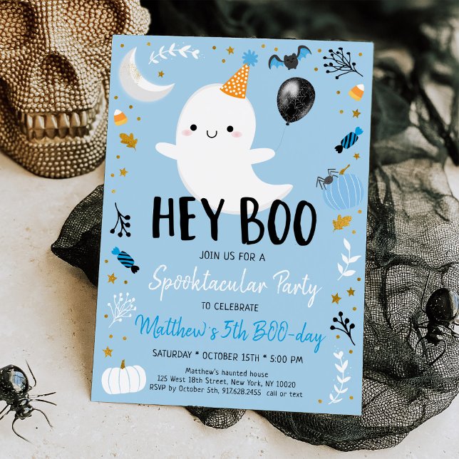 Hey Boo Blue Ghost Halloween Birthday Invitation (Creator Uploaded)