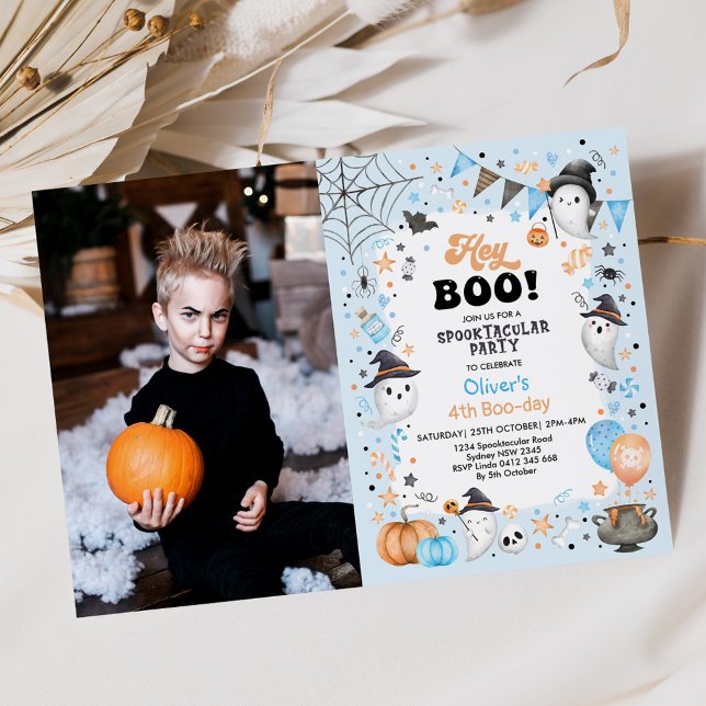 Hey Boo! Blue Halloween Ghost Boy Birthday Invitation (Creator Uploaded)