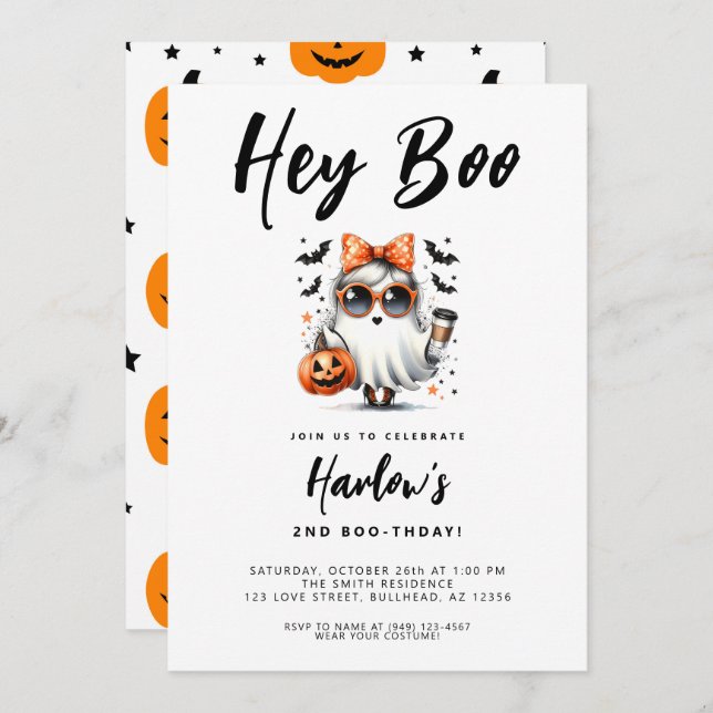 Hey Boo Cute Ghost Halloween Birthday  Invitation (Front/Back)