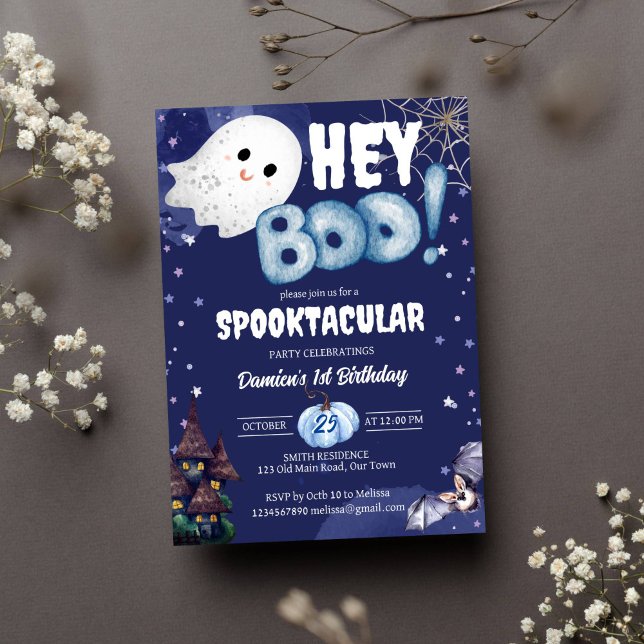 Hey boo cute ghost Halloween birthday party  Invitation (Creator Uploaded)