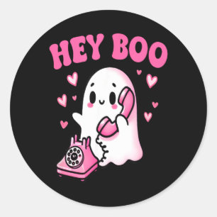 Hey Boo cute ghost on phone funny Halloween Classic Round Sticker
