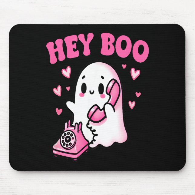 Hey Boo cute ghost on phone funny Halloween Mouse Pad (Front)