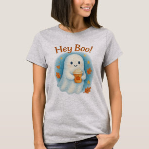 Hey Boo! Cute Ghost with Pumpkin Latte  T-Shirt