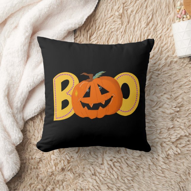 Hey Boo Cute Pumpkin Typography Drawing Art Cushion (Blanket)