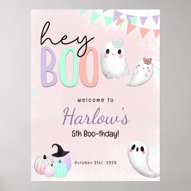 Hey Boo Ghost Pastel Halloween Birthday Welcome  Poster (Front)