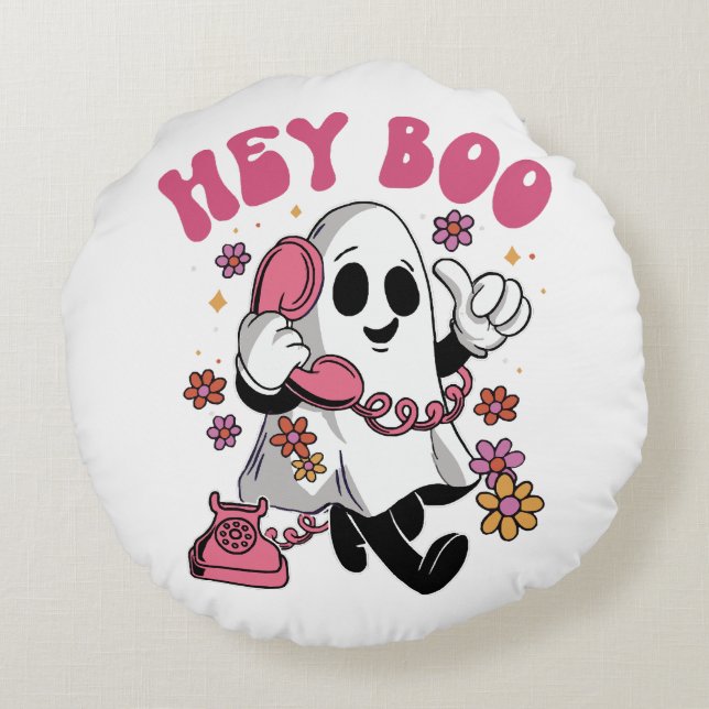 Hey Boo - Groovy Ghost Halloween  Round Cushion (Back)