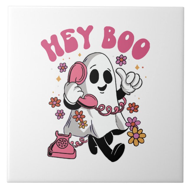Hey Boo - Groovy Ghost Halloween Tile (Front)