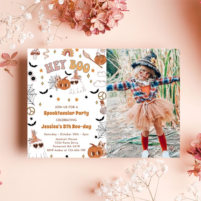 Hey Boo Groovy Halloween Cute Ghost 5th Birthday Invitation (Creator Uploaded)