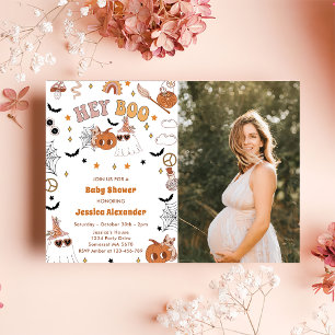Hey Boo Groovy Halloween Cute Ghost  Baby Shower  Invitation