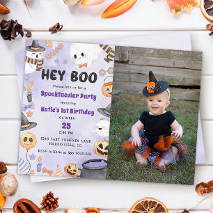 Hey Boo! Halloween Party Cute Ghost 1st Birthday Invitation
