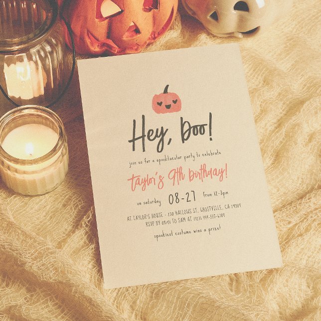 Hey Boo Modern Halloween Boho Girl Birthday Party Invitation (Creator Uploaded)