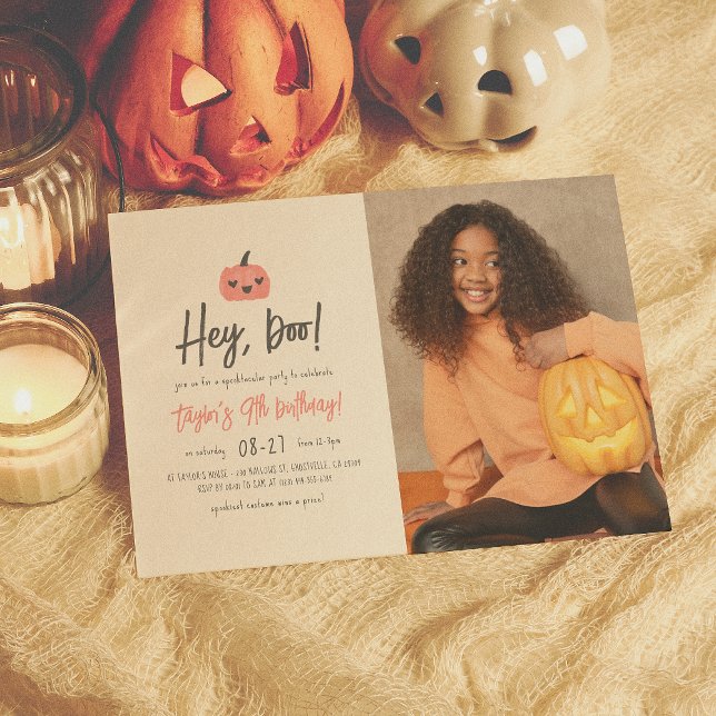 Hey Boo Modern Halloween Boho Girl Birthday Photo Invitation (Creator Uploaded)