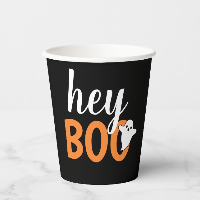 Hey Boo Orange Black Funny Halloween Ghost Paper Cups (Front)