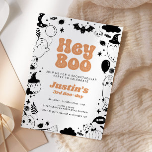 Hey Boo Orange Ghost Halloween Birthday  Invitation