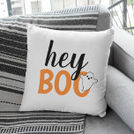Hey Boo Orange White Funny Halloween Ghost Cushion<br><div class="desc">Modern and cute "Hey Boo" Halloween home decor pillow design features text in black,  orange and white colours with a little ghost accent.</div>