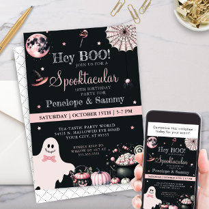 Hey Boo Pink Black Girls Halloween Birthday Party Invitation