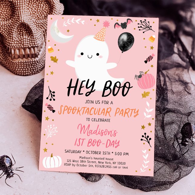 Hey Boo Pink Ghost Halloween Birthday Invitation (Creator Uploaded)