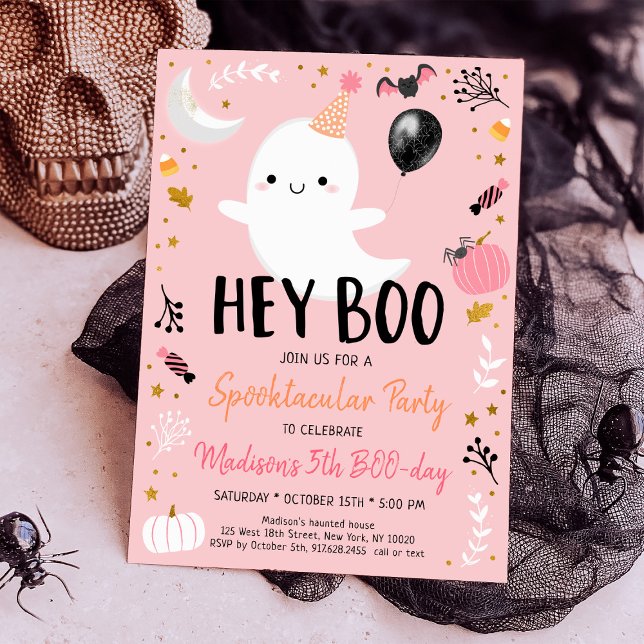 Hey Boo Pink Ghost Halloween Birthday Invitation (Creator Uploaded)
