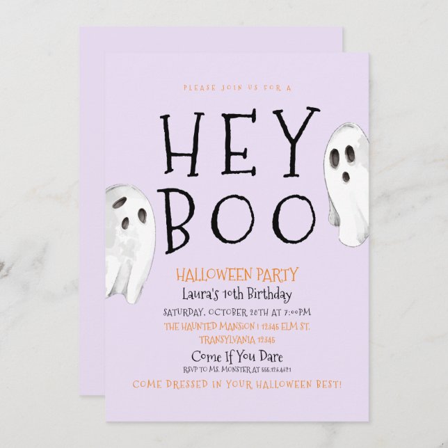 Hey Boo, Purple Ghost Halloween Invitation (Front/Back)