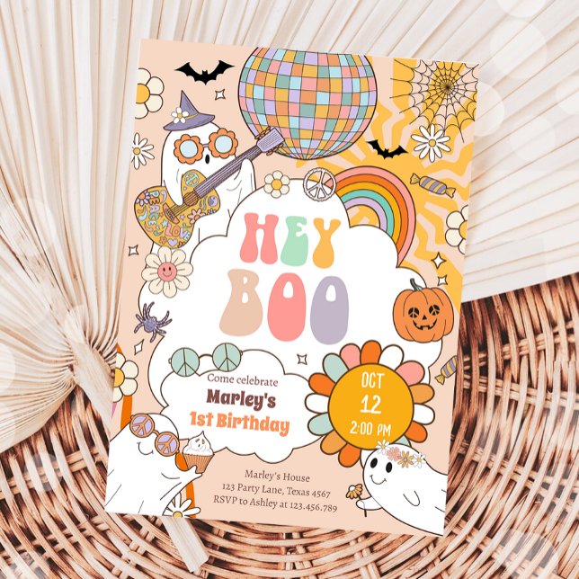 Hey Boo Spooky Retro Halloween Party Girl Birthday Invitation (Creator Uploaded)