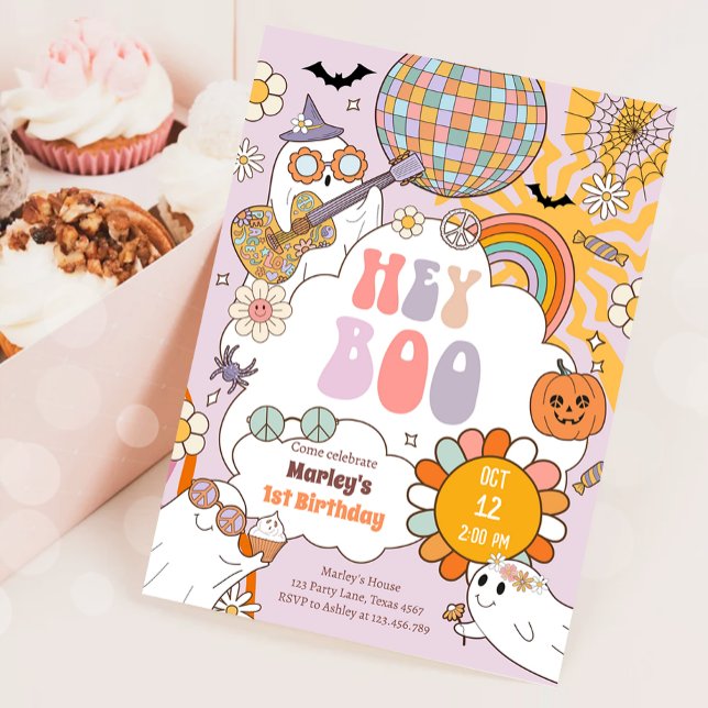 Hey Boo Spooky Retro Halloween Party Girl Birthday Invitation (Creator Uploaded)