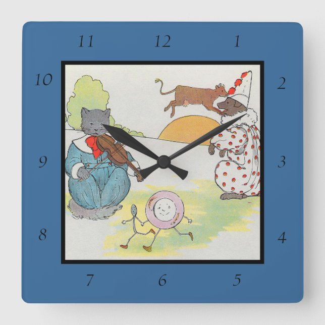Hey Diddle Diddle The Cat and the Fiddle Rhyme Square Wall Clock (Front)