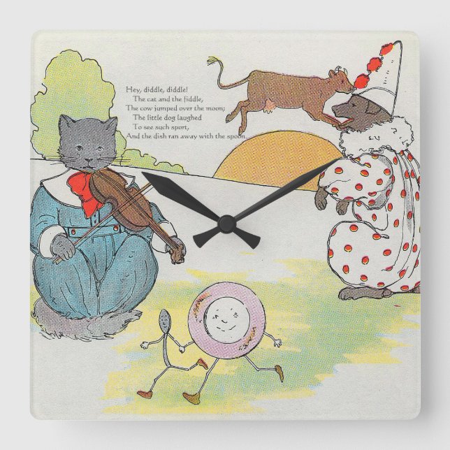 Hey Diddle Diddle The Cat and the Fiddle Rhyme Square Wall Clock (Front)