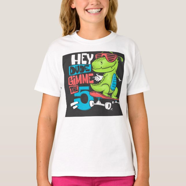 Hey Dude Gimme 5" Skater Dino Kids' T-Shirt (Front)