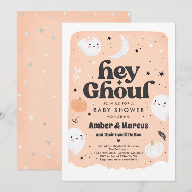 Hey Ghoul Peach Girl Ghost Baby Shower Invitation (Front/Back)