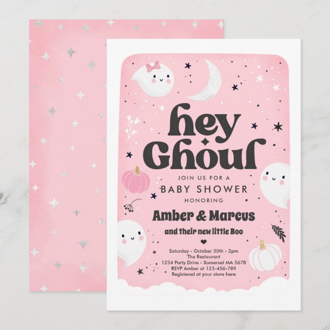 Hey Ghoul Pink Girl Ghost Baby Shower Invitation (Front/Back)